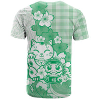 Green Palaka Hawaiian And Japanese T Shirt Maneki Neko And Sakura Bloom