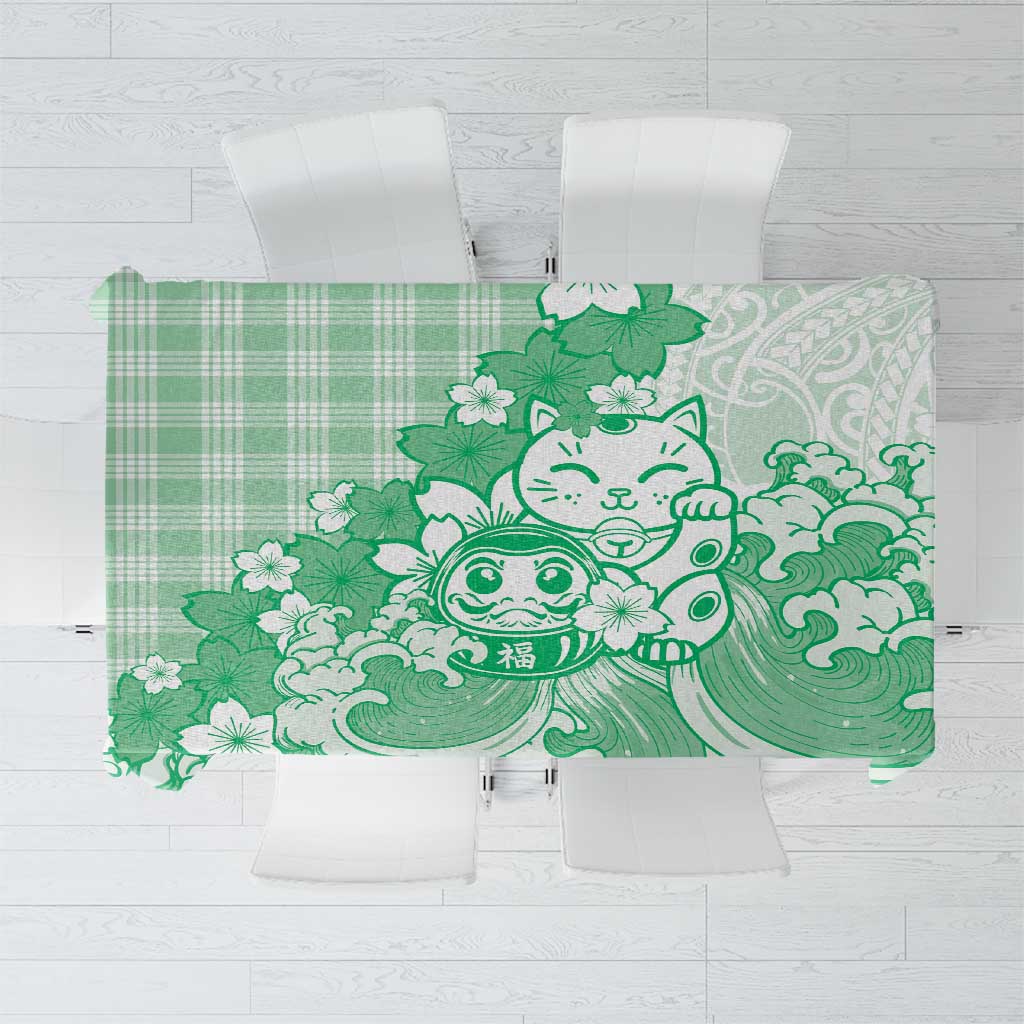 Green Palaka Hawaiian And Japanese Tablecloth Maneki Neko And Sakura Bloom