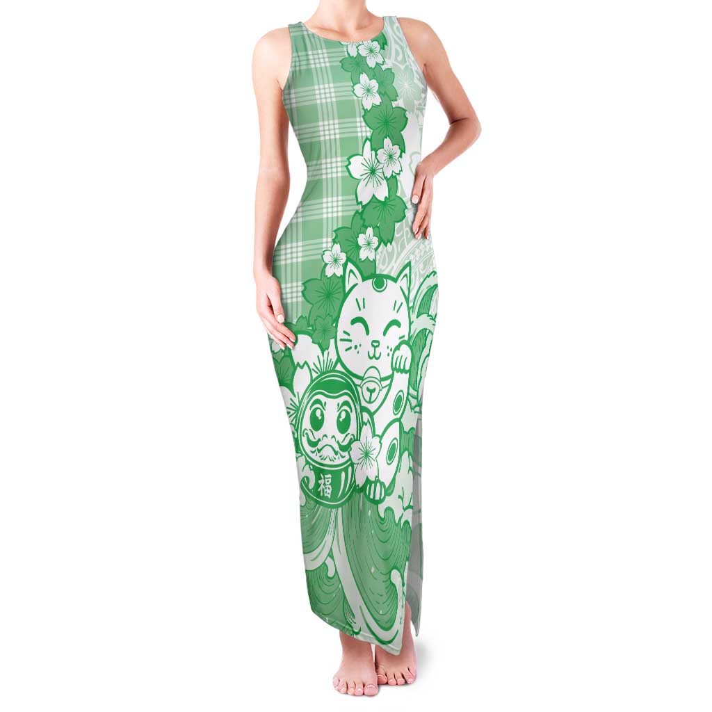 Green Palaka Hawaiian And Japanese Tank Maxi Dress Maneki Neko And Sakura Bloom
