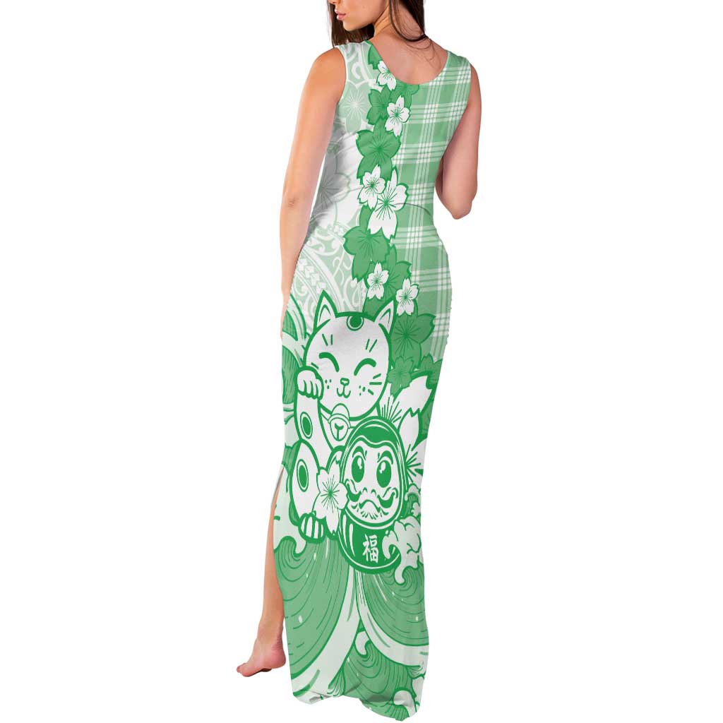 Green Palaka Hawaiian And Japanese Tank Maxi Dress Maneki Neko And Sakura Bloom