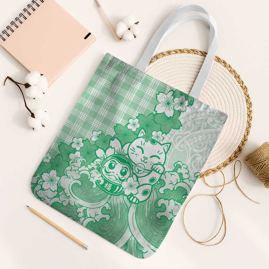 Green Palaka Hawaiian And Japanese Tote Bag Maneki Neko And Sakura Bloom