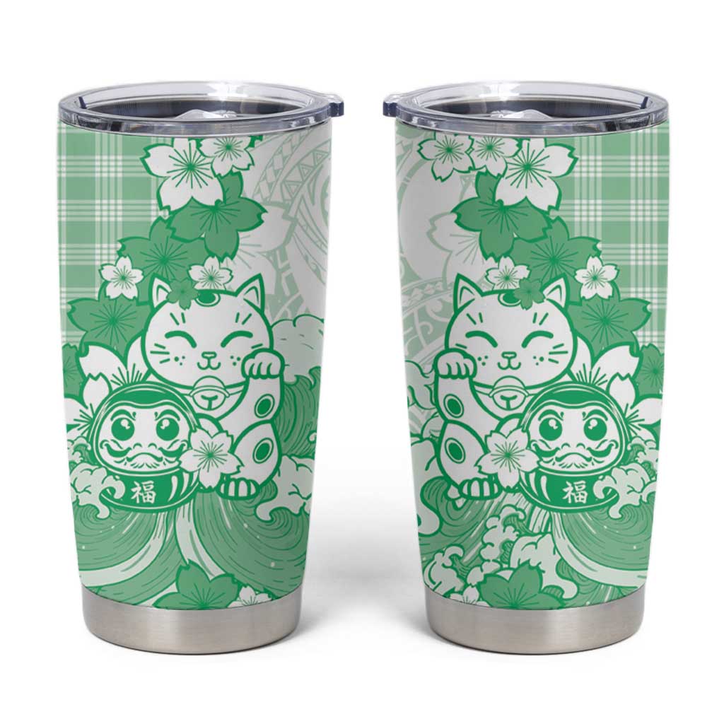 Green Palaka Hawaiian And Japanese Tumbler Cup Maneki Neko And Sakura Bloom DT05 Green - Polynesian Pride