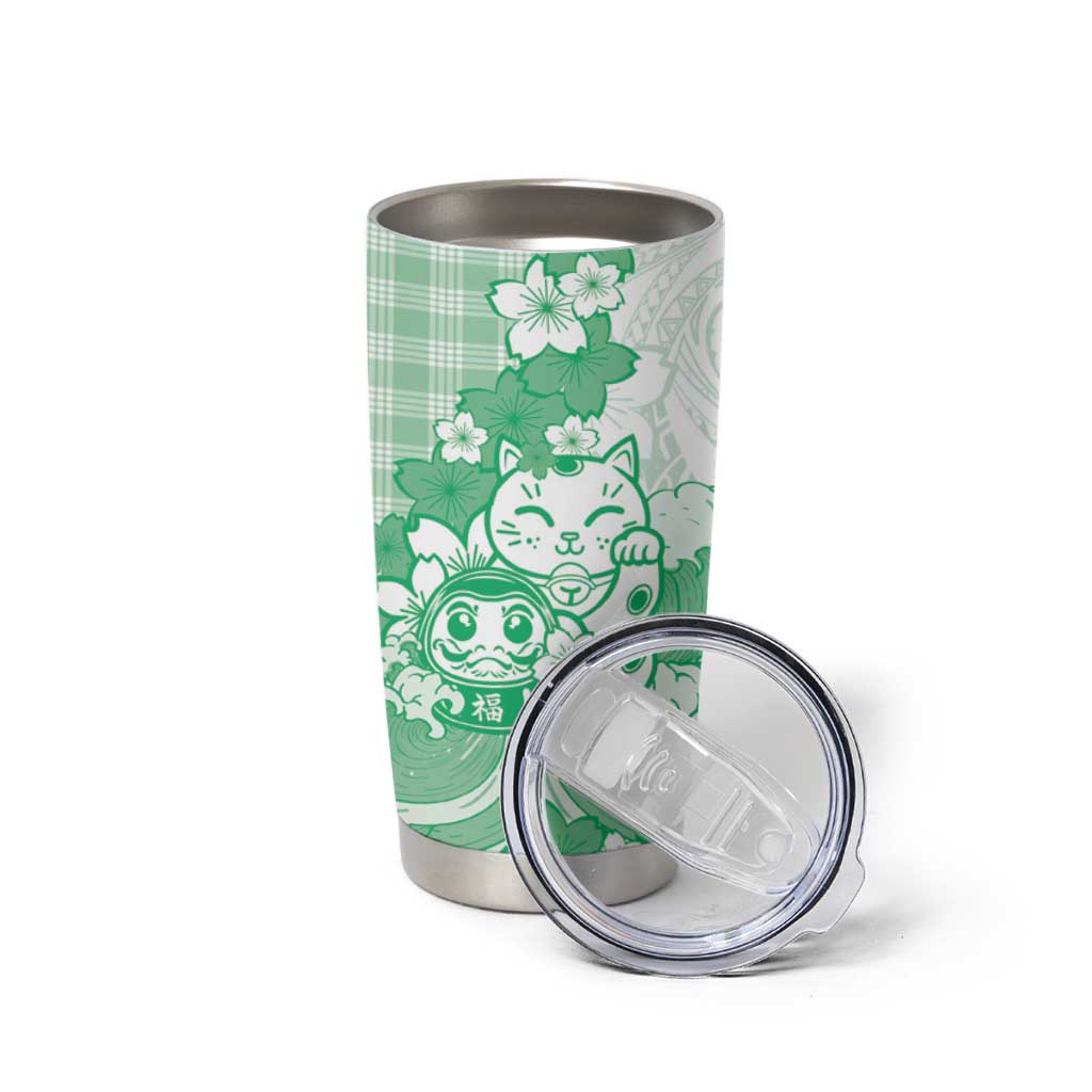 Green Palaka Hawaiian And Japanese Tumbler Cup Maneki Neko And Sakura Bloom DT05 - Polynesian Pride