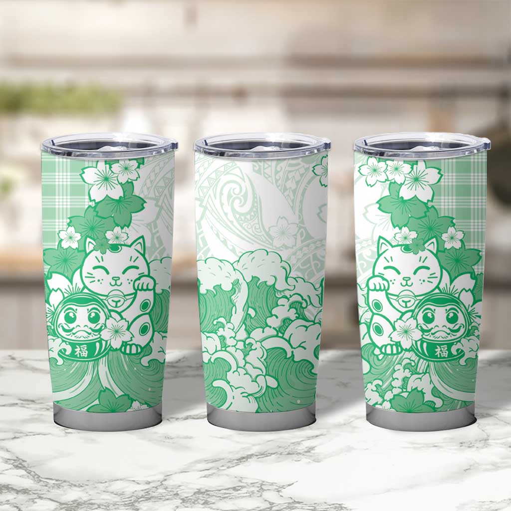 Green Palaka Hawaiian And Japanese Tumbler Cup Maneki Neko And Sakura Bloom DT05 - Polynesian Pride