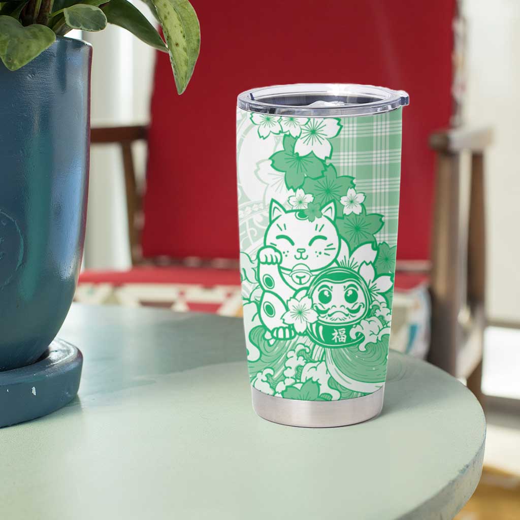 Green Palaka Hawaiian And Japanese Tumbler Cup Maneki Neko And Sakura Bloom DT05 - Polynesian Pride