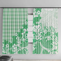 Green Palaka Hawaiian And Japanese Window Curtain Maneki Neko And Sakura Bloom DT05 With Hooks Green - Polynesian Pride