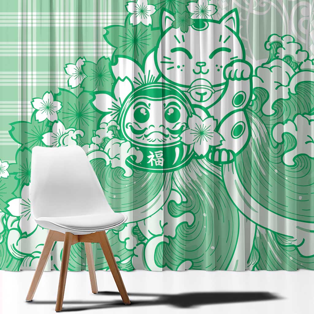 Green Palaka Hawaiian And Japanese Window Curtain Maneki Neko And Sakura Bloom DT05 - Polynesian Pride