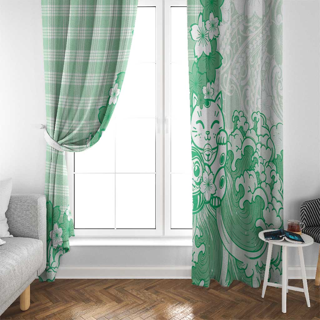 Green Palaka Hawaiian And Japanese Window Curtain Maneki Neko And Sakura Bloom DT05 - Polynesian Pride