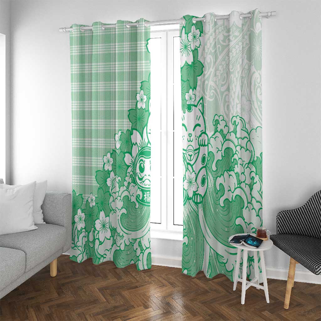 Green Palaka Hawaiian And Japanese Window Curtain Maneki Neko And Sakura Bloom DT05 With Grommets Green - Polynesian Pride