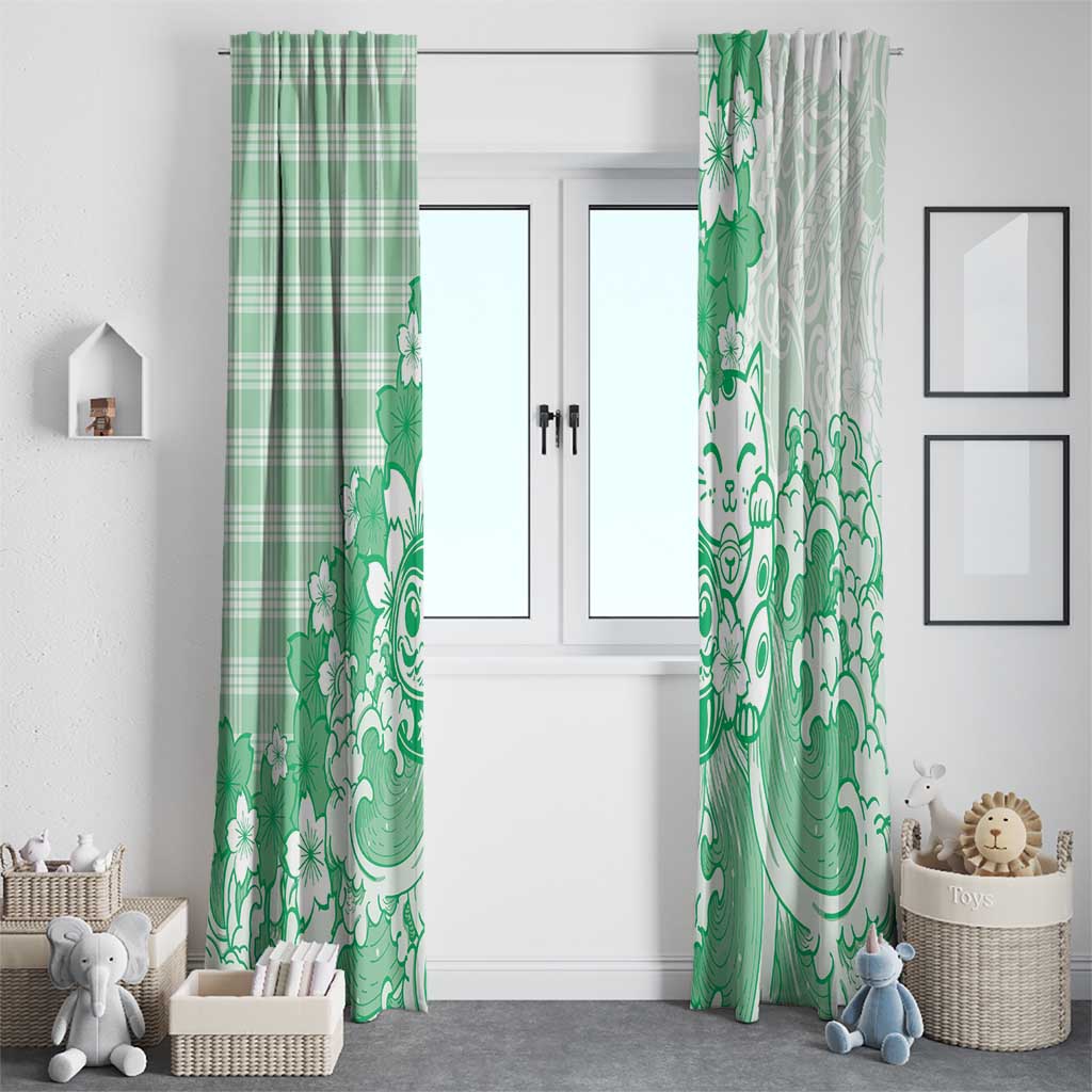 Green Palaka Hawaiian And Japanese Window Curtain Maneki Neko And Sakura Bloom DT05 - Polynesian Pride