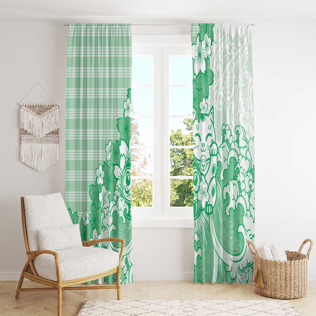 Green Palaka Hawaiian And Japanese Window Curtain Maneki Neko And Sakura Bloom DT05 - Polynesian Pride