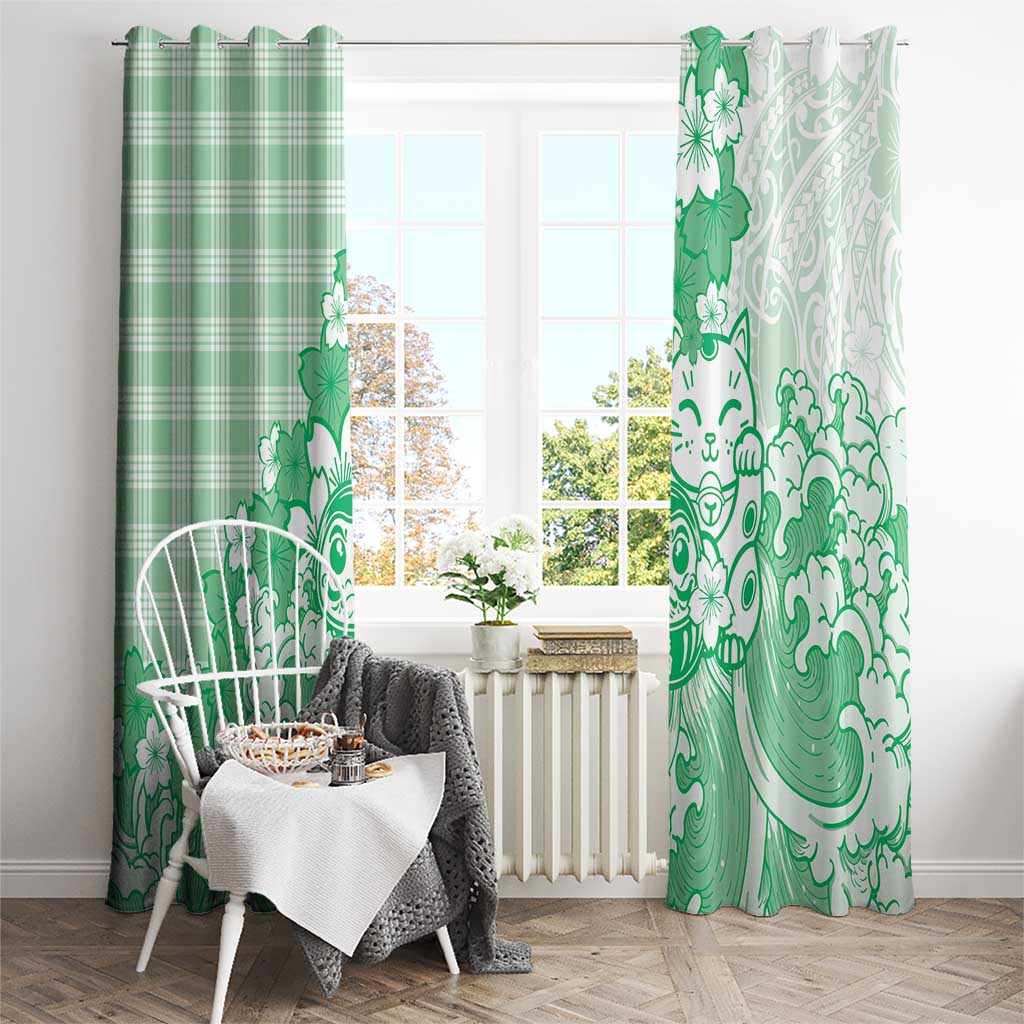 Green Palaka Hawaiian And Japanese Window Curtain Maneki Neko And Sakura Bloom DT05 - Polynesian Pride
