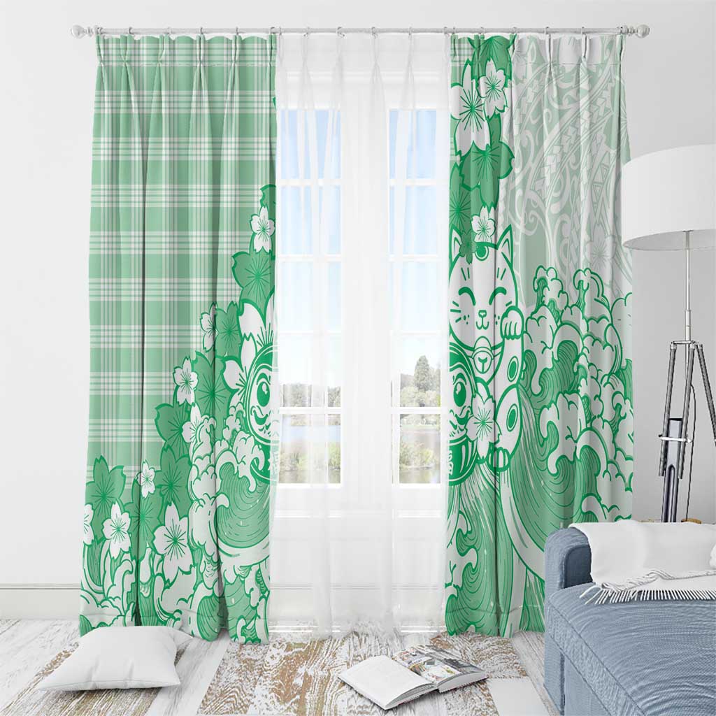Green Palaka Hawaiian And Japanese Window Curtain Maneki Neko And Sakura Bloom DT05 - Polynesian Pride