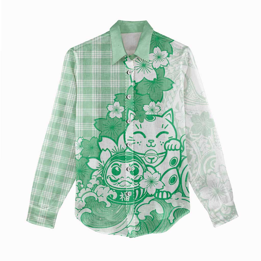 Green Palaka Hawaiian And Japanese Women Casual Shirt Maneki Neko And Sakura Bloom