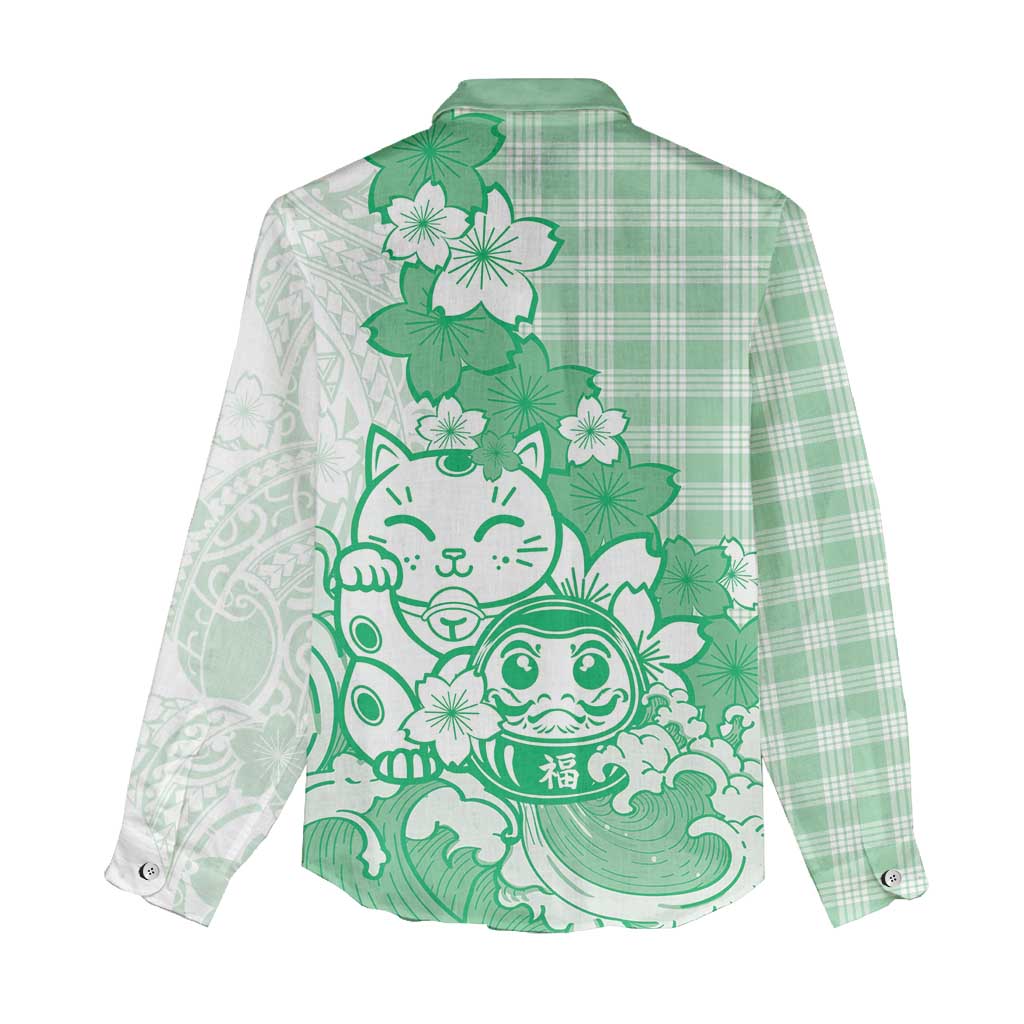 Green Palaka Hawaiian And Japanese Women Casual Shirt Maneki Neko And Sakura Bloom
