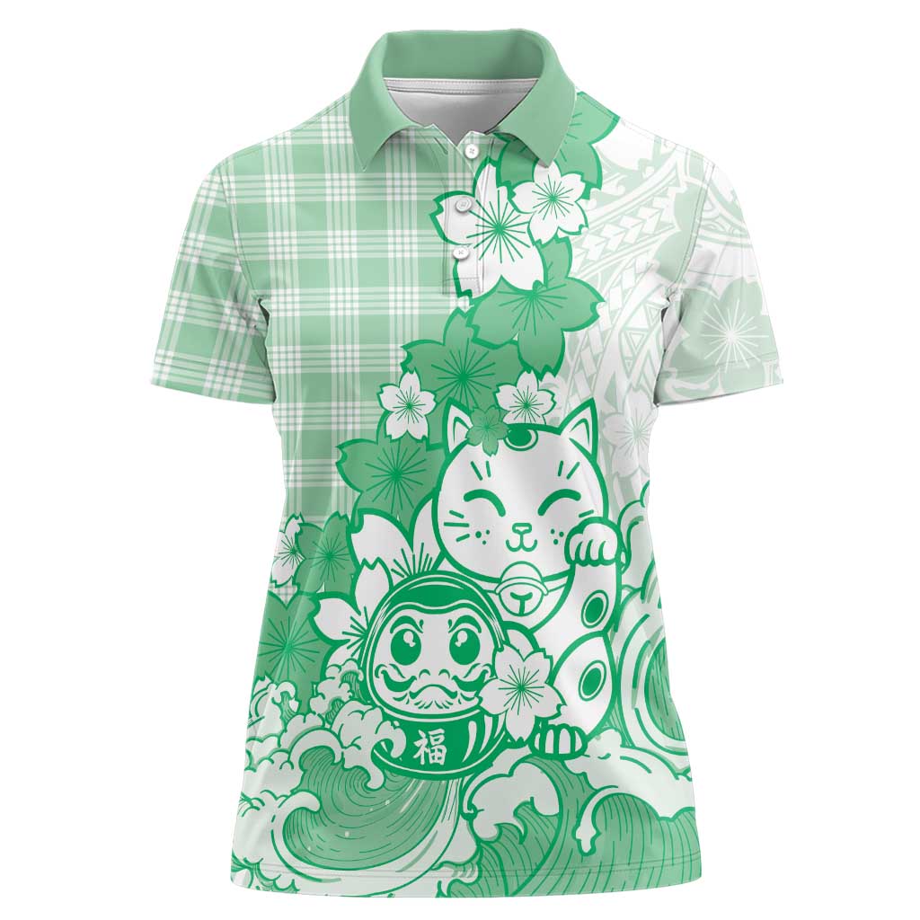 Green Palaka Hawaiian And Japanese Women Polo Shirt Maneki Neko And Sakura Bloom
