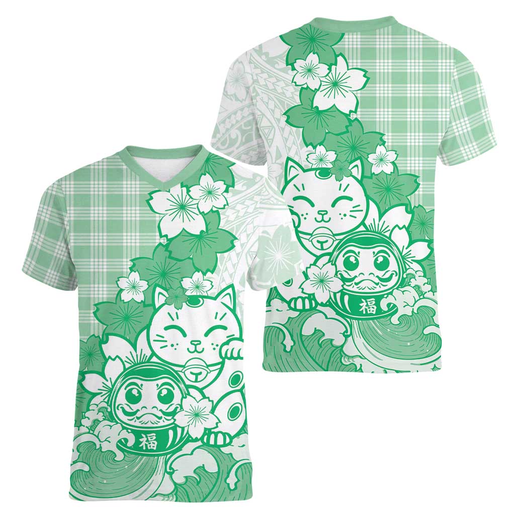 Green Palaka Hawaiian And Japanese Women V-Neck T-Shirt Maneki Neko And Sakura Bloom