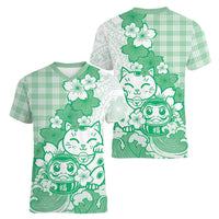 Green Palaka Hawaiian And Japanese Women V-Neck T-Shirt Maneki Neko And Sakura Bloom