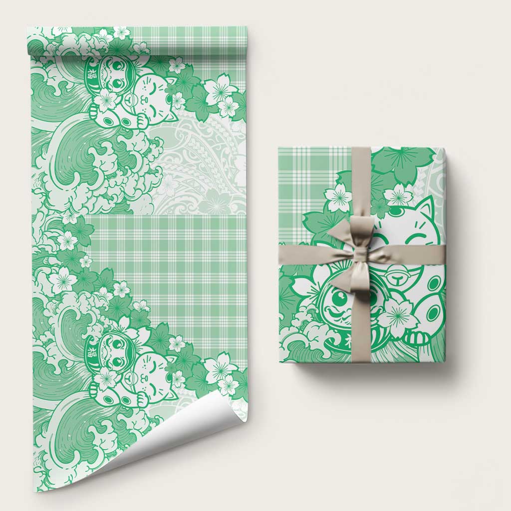 Green Palaka Hawaiian And Japanese Wrapping Paper Maneki Neko And Sakura Bloom DT05 58" × 23" Green - Polynesian Pride