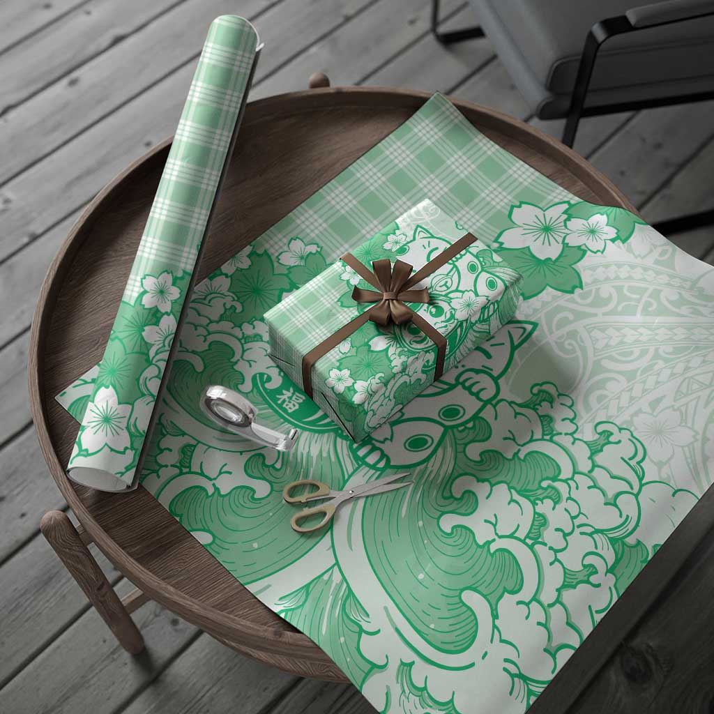 Green Palaka Hawaiian And Japanese Wrapping Paper Maneki Neko And Sakura Bloom DT05 - Polynesian Pride