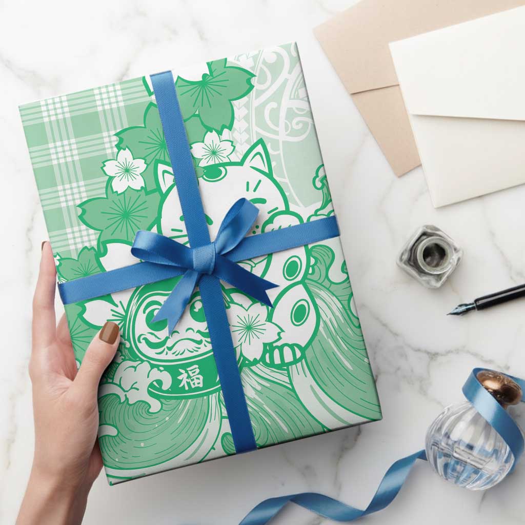 Green Palaka Hawaiian And Japanese Wrapping Paper Maneki Neko And Sakura Bloom DT05 - Polynesian Pride