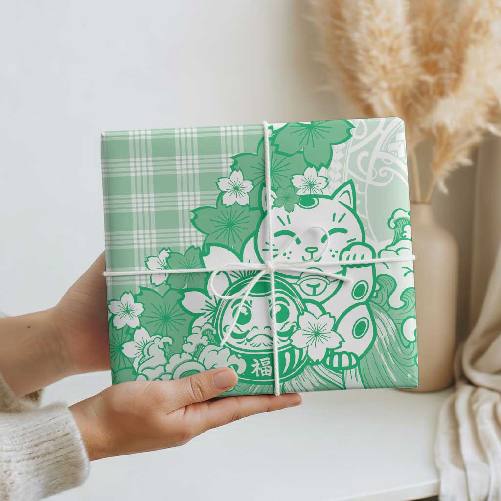 Green Palaka Hawaiian And Japanese Wrapping Paper Maneki Neko And Sakura Bloom DT05 - Polynesian Pride