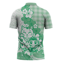 Green Palaka Hawaiian And Japanese Zipper Polo Shirt Maneki Neko And Sakura Bloom