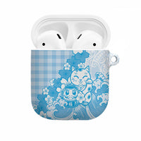 Blue Palaka Hawaiian And Japanese AirPods Case Maneki Neko And Sakura Bloom DT05 Blue - Polynesian Pride