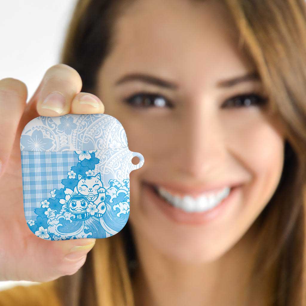Blue Palaka Hawaiian And Japanese AirPods Case Maneki Neko And Sakura Bloom DT05 - Polynesian Pride