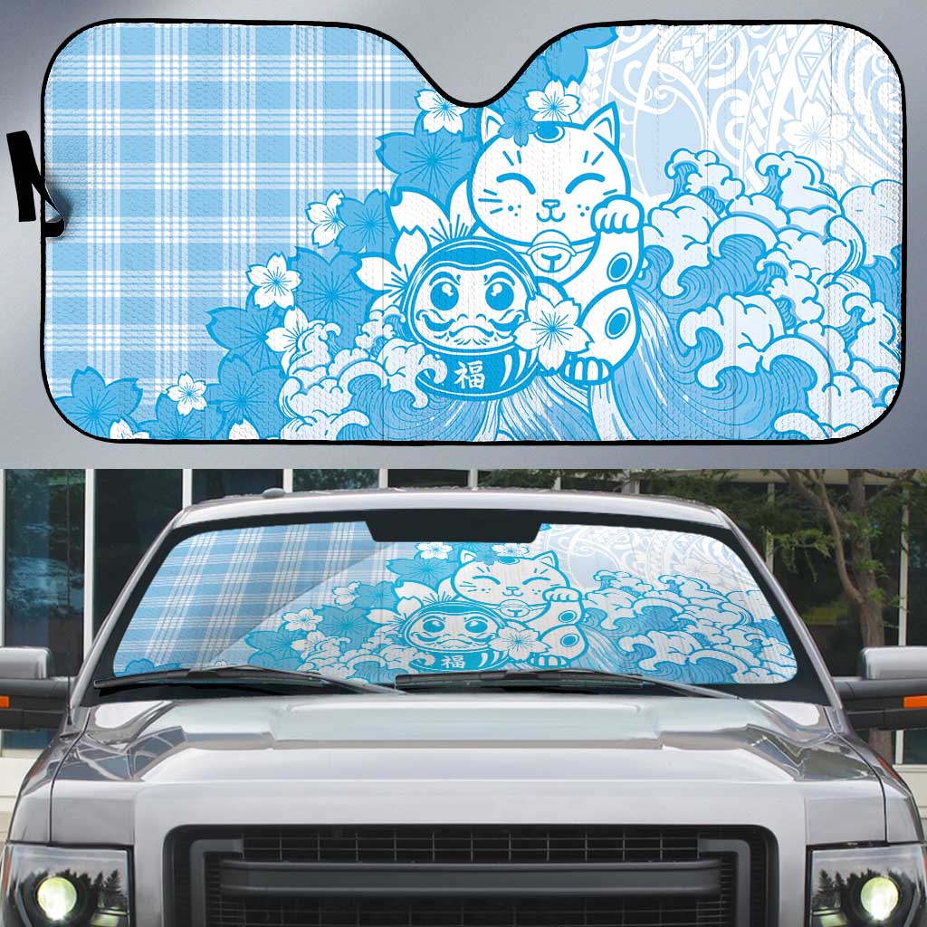 Blue Palaka Hawaiian And Japanese Auto Sun Shade Maneki Neko And Sakura Bloom