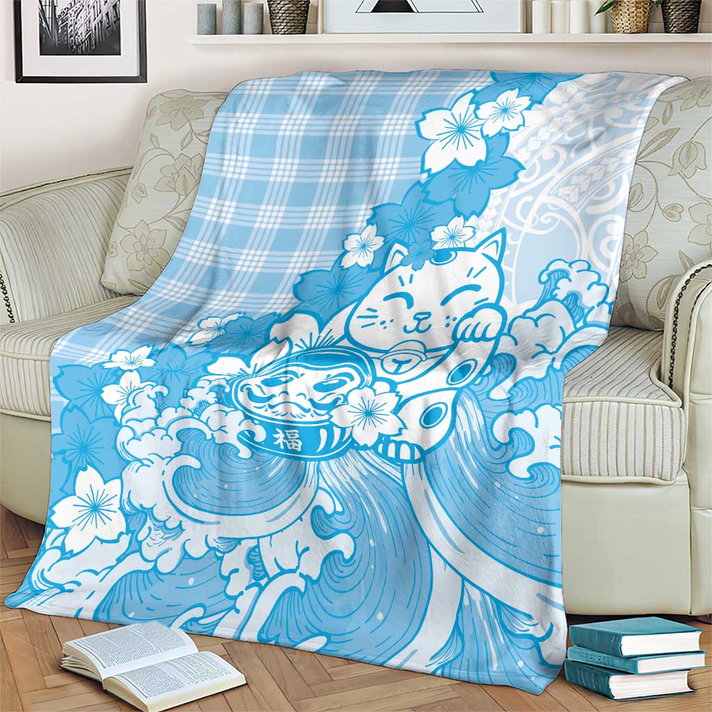 Blue Palaka Hawaiian And Japanese Blanket Maneki Neko And Sakura Bloom
