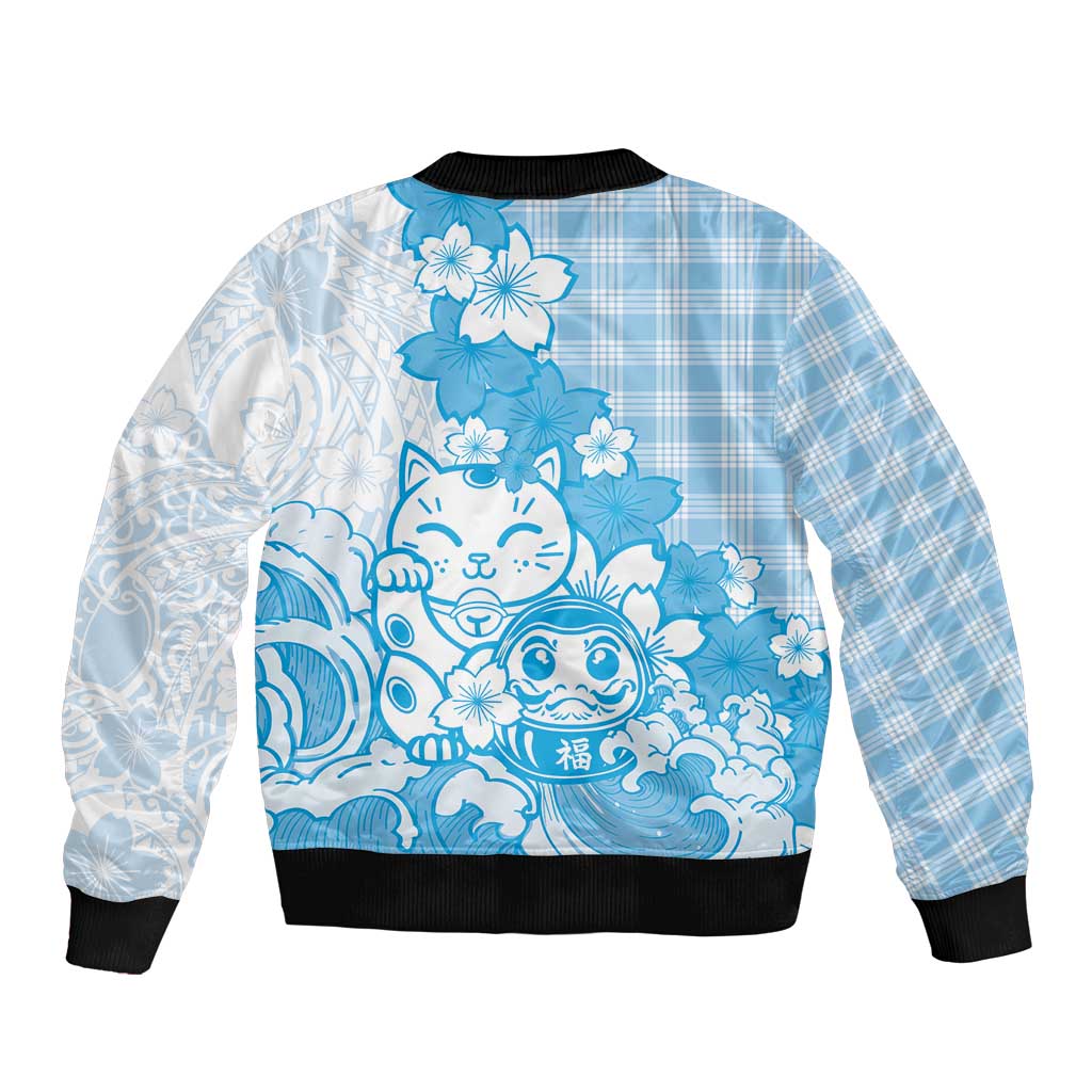 Blue Palaka Hawaiian And Japanese Bomber Jacket Maneki Neko And Sakura Bloom