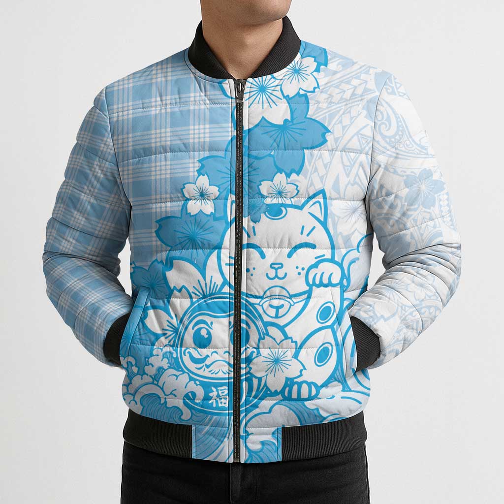 Blue Palaka Hawaiian And Japanese Bomber Puffer Jacket Maneki Neko And Sakura Bloom DT05 - Polynesian Pride