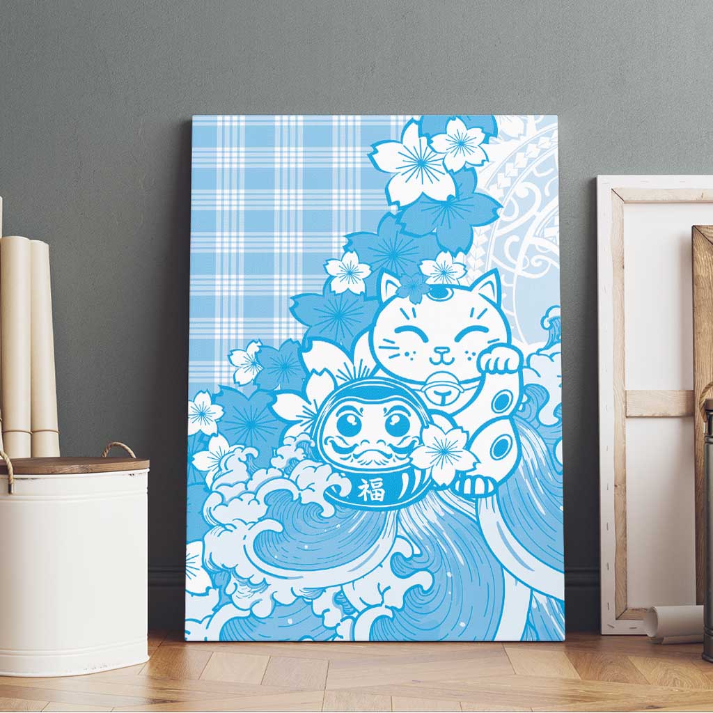 Blue Palaka Hawaiian And Japanese Canvas Wall Art Maneki Neko And Sakura Bloom DT05 - Polynesian Pride