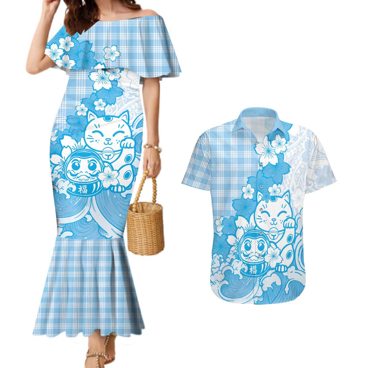 Blue Palaka Hawaiian And Japanese Couples Matching Mermaid Dress and Hawaiian Shirt Maneki Neko And Sakura Bloom