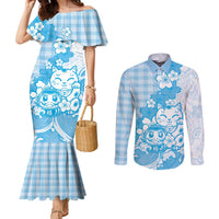Blue Palaka Hawaiian And Japanese Couples Matching Mermaid Dress and Long Sleeve Button Shirt Maneki Neko And Sakura Bloom
