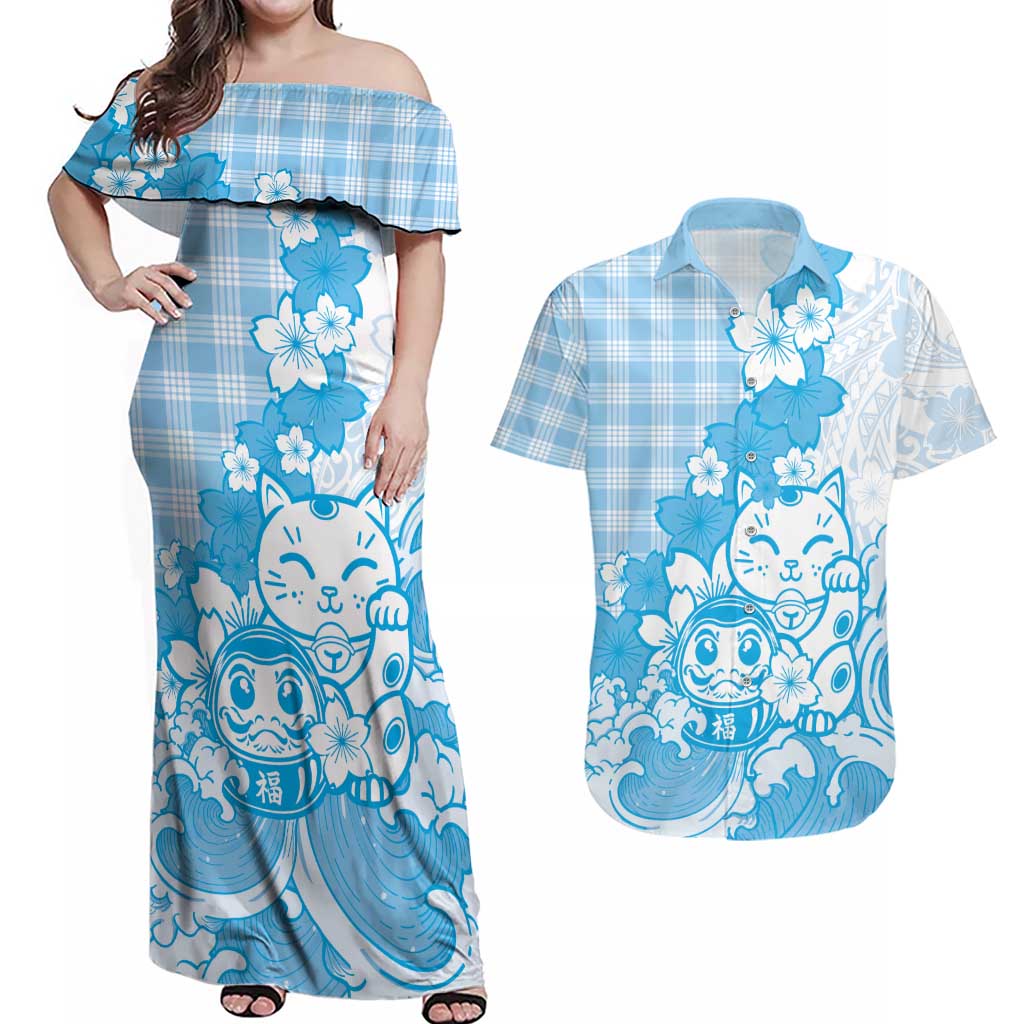 Blue Palaka Hawaiian And Japanese Couples Matching Off Shoulder Maxi Dress and Hawaiian Shirt Maneki Neko And Sakura Bloom
