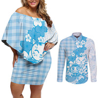 Blue Palaka Hawaiian And Japanese Couples Matching Off Shoulder Short Dress and Long Sleeve Button Shirt Maneki Neko And Sakura Bloom