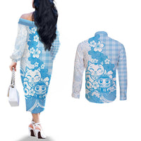 Blue Palaka Hawaiian And Japanese Couples Matching Off The Shoulder Long Sleeve Dress and Long Sleeve Button Shirt Maneki Neko And Sakura Bloom