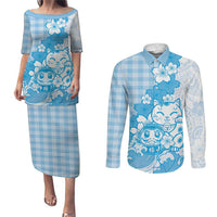 Blue Palaka Hawaiian And Japanese Couples Matching Puletasi and Long Sleeve Button Shirt Maneki Neko And Sakura Bloom DT05 Blue - Polynesian Pride