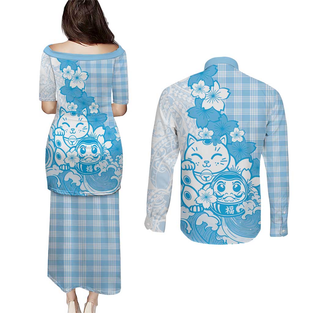 Blue Palaka Hawaiian And Japanese Couples Matching Puletasi and Long Sleeve Button Shirt Maneki Neko And Sakura Bloom DT05 - Polynesian Pride
