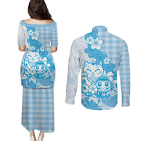Blue Palaka Hawaiian And Japanese Couples Matching Puletasi and Long Sleeve Button Shirt Maneki Neko And Sakura Bloom DT05 - Polynesian Pride