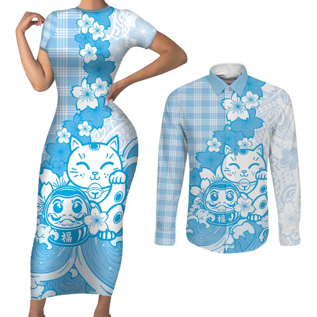 Blue Palaka Hawaiian And Japanese Couples Matching Short Sleeve Bodycon Dress and Long Sleeve Button Shirt Maneki Neko And Sakura Bloom