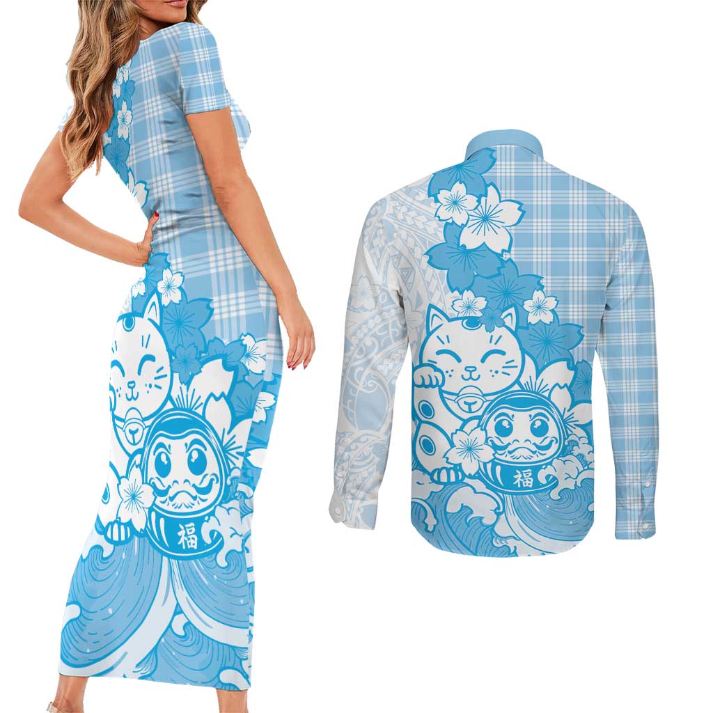 Blue Palaka Hawaiian And Japanese Couples Matching Short Sleeve Bodycon Dress and Long Sleeve Button Shirt Maneki Neko And Sakura Bloom