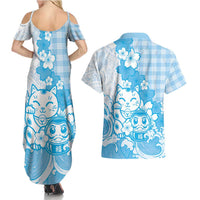 Blue Palaka Hawaiian And Japanese Couples Matching Summer Maxi Dress and Hawaiian Shirt Maneki Neko And Sakura Bloom