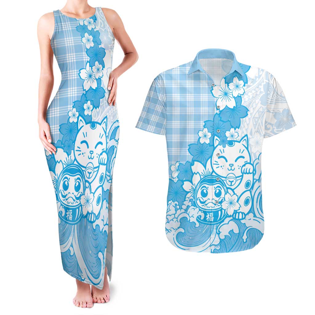 Blue Palaka Hawaiian And Japanese Couples Matching Tank Maxi Dress and Hawaiian Shirt Maneki Neko And Sakura Bloom