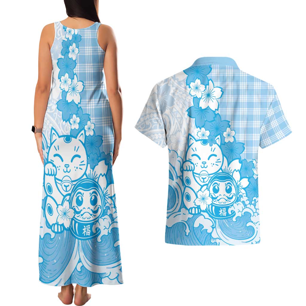 Blue Palaka Hawaiian And Japanese Couples Matching Tank Maxi Dress and Hawaiian Shirt Maneki Neko And Sakura Bloom