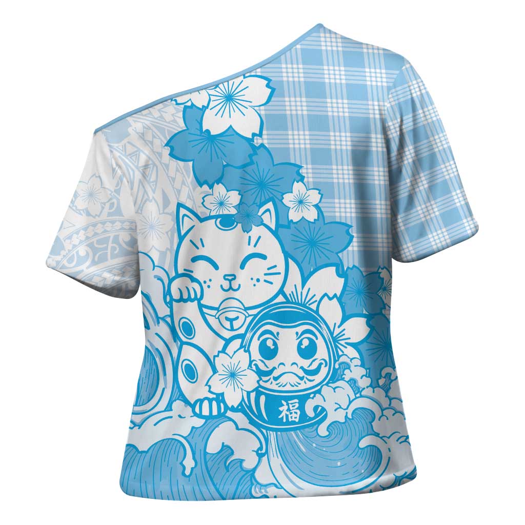 Blue Palaka Hawaiian And Japanese Cross Shoulder Shirt Maneki Neko And Sakura Bloom