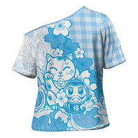 Blue Palaka Hawaiian And Japanese Cross Shoulder Shirt Maneki Neko And Sakura Bloom