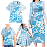 Blue Palaka Hawaiian And Japanese Family Matching Long Sleeve Bodycon Dress and Hawaiian Shirt Maneki Neko And Sakura Bloom